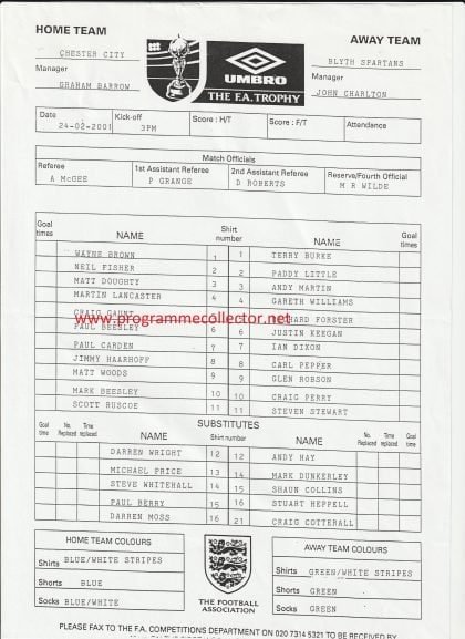 Chester City v Blyth Spartans  24-Feb-2001