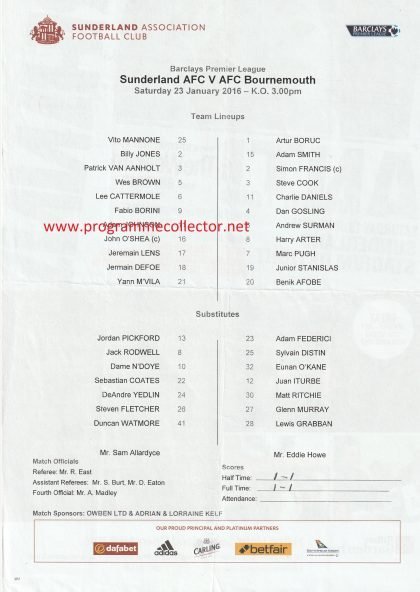 Sunderland v Bournemouth  23-Jan-2016