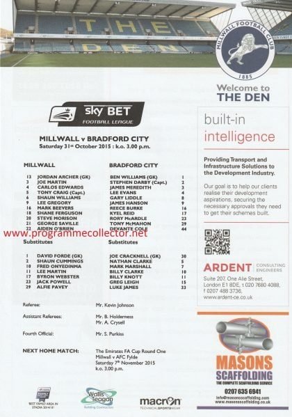 Millwall v Bradford City 31-Oct-2015