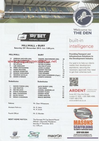 Millwall v Bury  28-Nov-2015