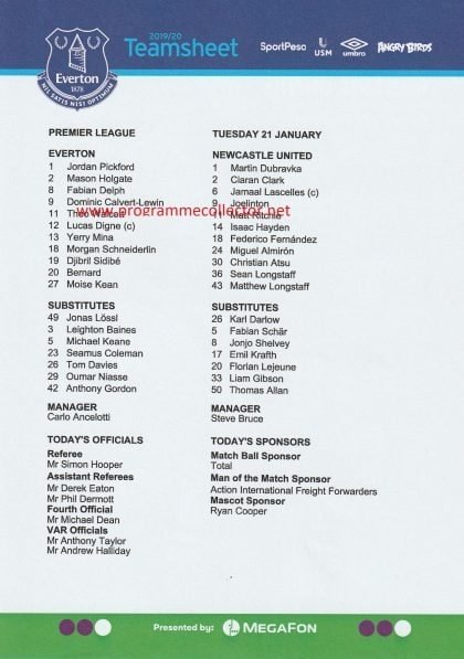 Everton v Newcastle United 21-Jan-2020