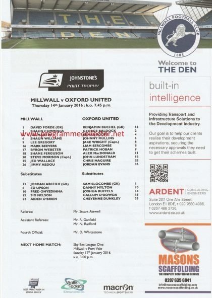 Millwall v Oxford United  14-Jan-2016