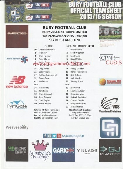 Bury v Scunthorpe United  24-Nov-2015