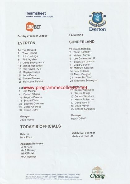 Everton v Sunderland 09-Apr-2012