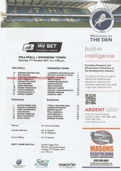 Millwall v Swindon Town  17-Oct-2015