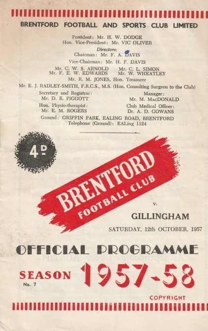 Brentford v Gillingham 12-Oct-1957