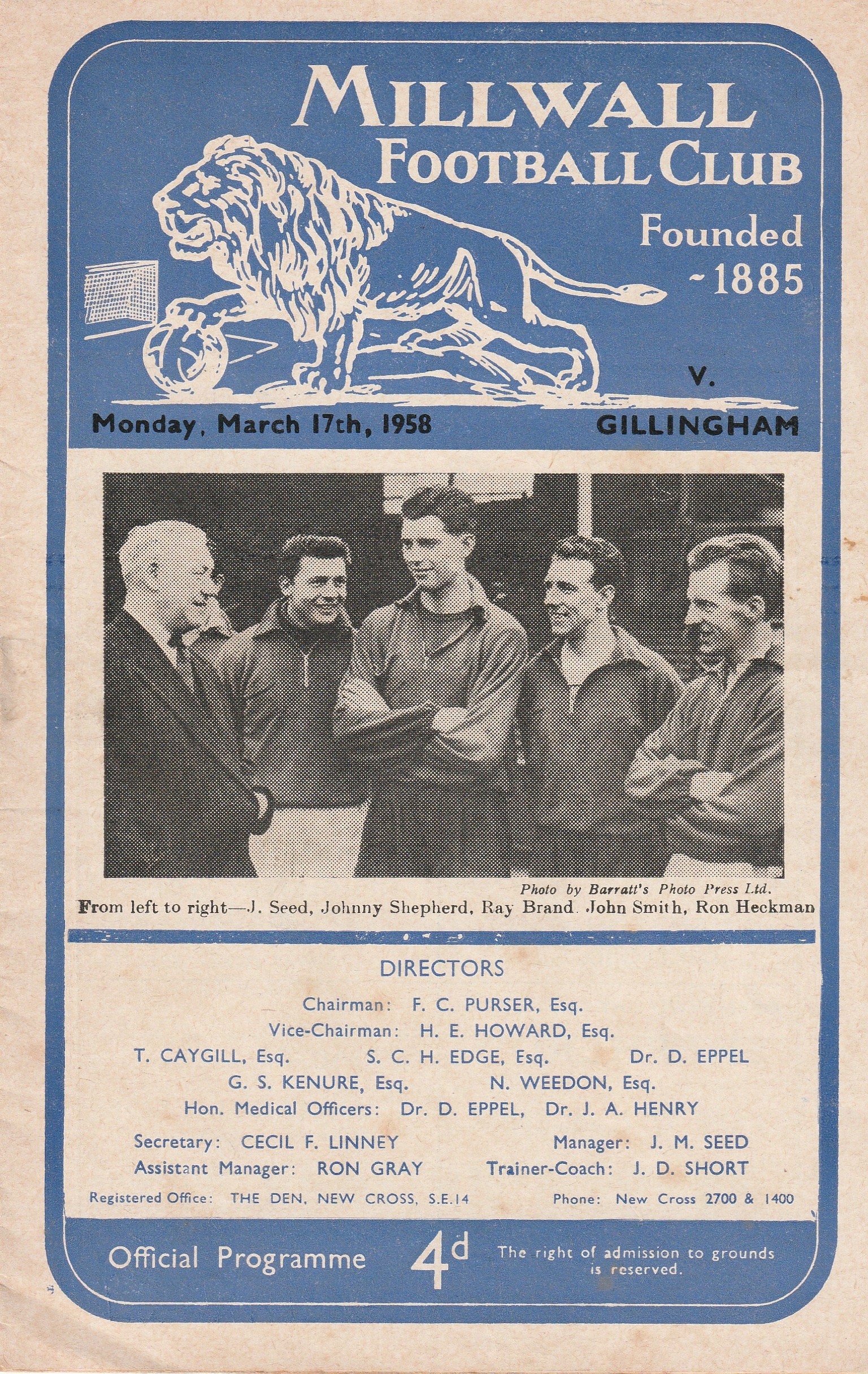 Millwall v Gillingham 17Mar1958