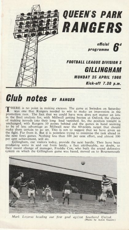 Queens Park Rangers v Gillingham 25-Apr-1966