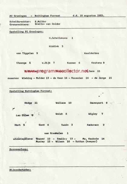 FC Groningen v Nottingham Forest   10-Aug-1983