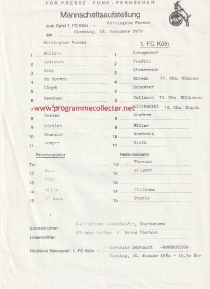 1FC Köln v Nottingham Forest   18-Dec-1979