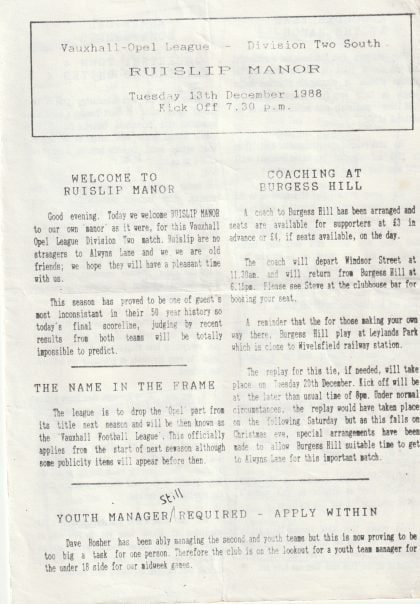 Chertsey Town v Ruislip Manor  13-Dec-1988
