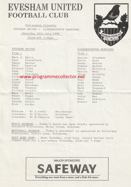 Evesham United v Kidderminster Harriers 20-Jul-1996