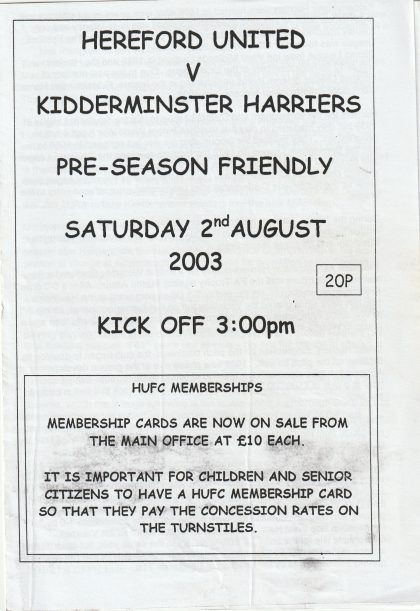 Hereford United v Kidderminster Harriers 02-Aug-2003
