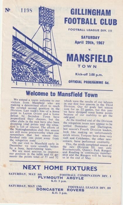 Gillingham v Mansfield Town   29-Apr-1967