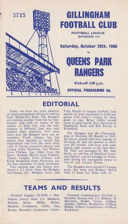 Gillingham v Queens Park Rangers 29-Oct-1966