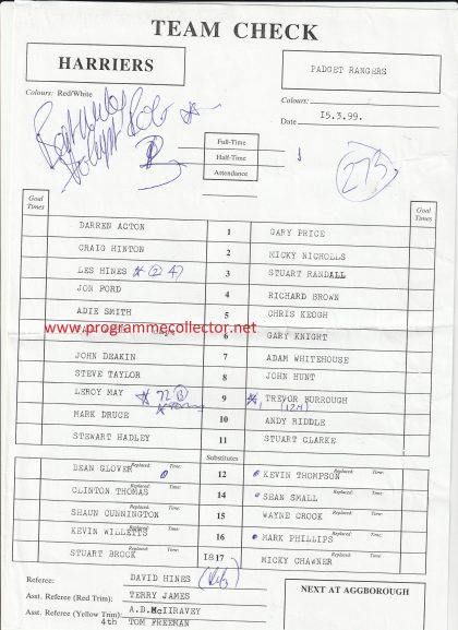 Kidderminster Harriers v Padget Rangers  15-Mar-1999