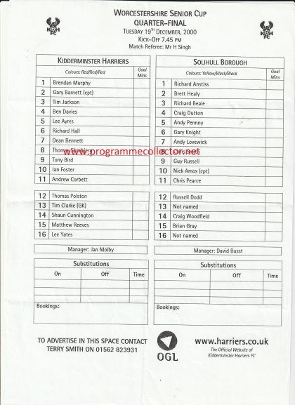 Kidderminster Harriers v Solihull Borough  19-Dec-2000