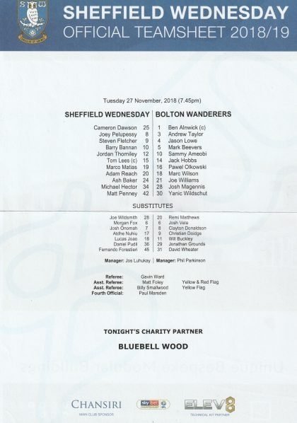 Sheffield Wednesday v Bolton Wanderers 27-Nov-2018