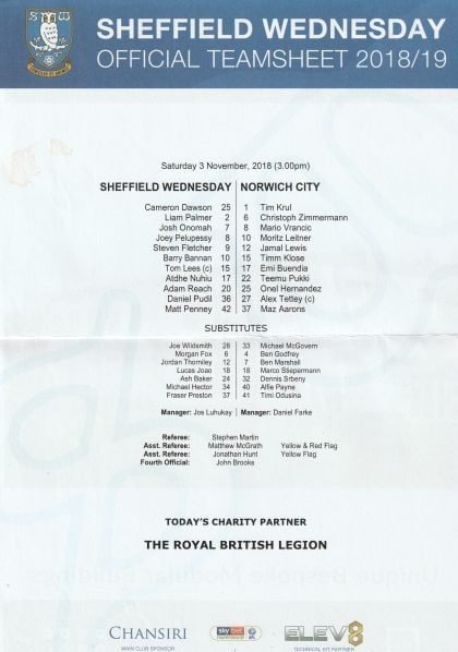 Sheffield Wednesday v Norwich City   03-Nov-2018