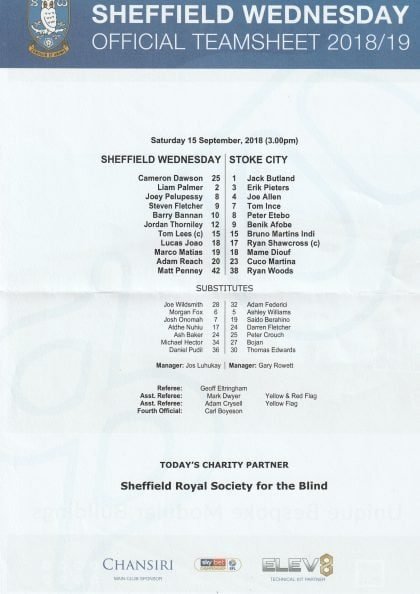 Sheffield Wednesday v Stoke City   15-Sep-2018