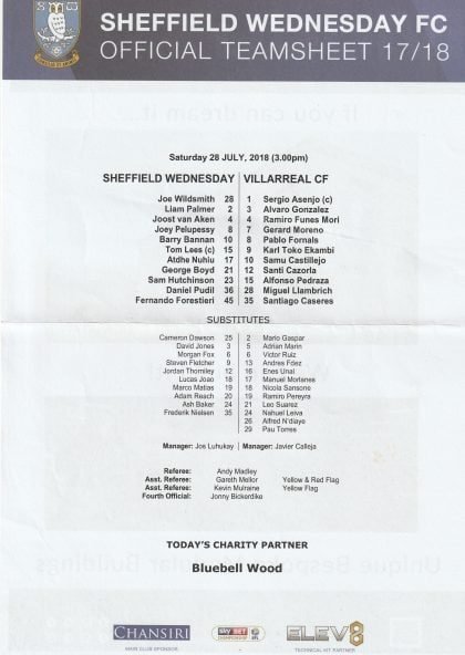 Sheffield Wednesday v Villarreal  28-Jul-2018