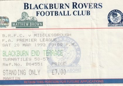 Blackburn Rovers v Middlesbrough 20-Mar-1993