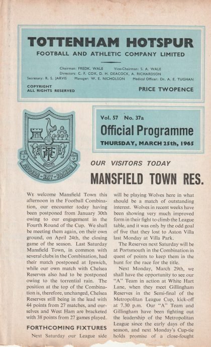 Tottenham Hotspur Reserves v Mansfield Town Reserves   25-Mar-1965