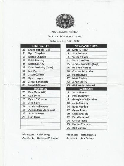 Bohemian v Newcastle United  16-Jul-2016