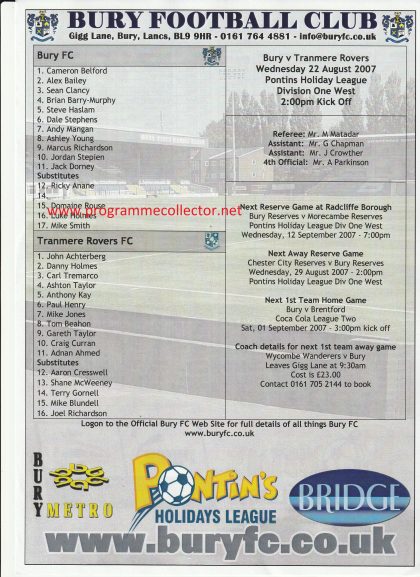 Bury Reserves v Tranmere Rovers Reserves 22-Aug-2007