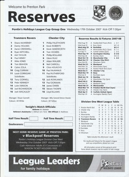 Tranmere Rovers Reserves v Chester City Reserves 17-Oct-2007