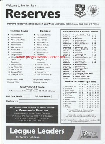 Tranmere Rovers Reserves v Blackpool Reserves 13-Feb-2008