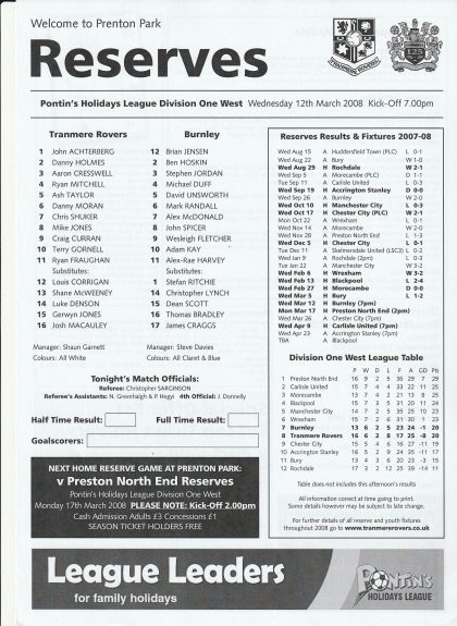 Tranmere Rovers Reserves v Burnley Reserves 12-Mar-2008