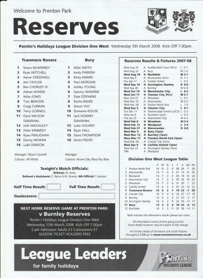 Tranmere Rovers Reserves v Bury Reserves 05-Mar-2008