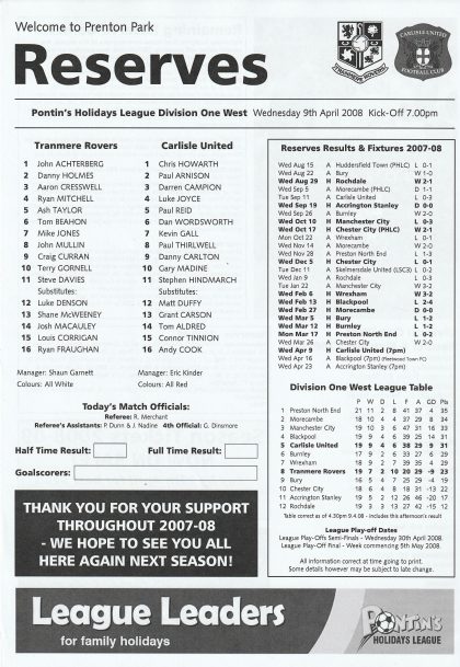 Tranmere Rovers Reserves v Carlisle United Reserves 09-Apr-2008