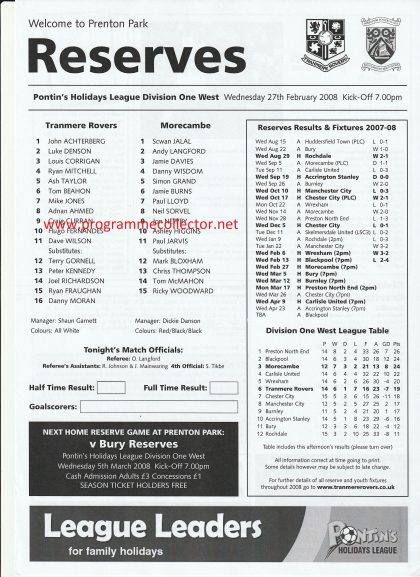 Tranmere Rovers Reserves v Morecambe Reserves 27-Feb-2008