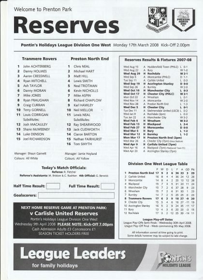 Tranmere Rovers Reserves v Preston North End Reserves 17-Mar-2008