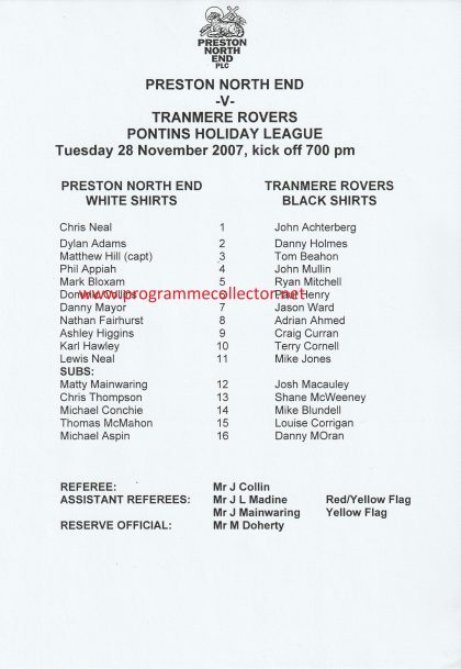 Preston North End Reserves v Tranmere Rovers Reserves 28-Nov-2007