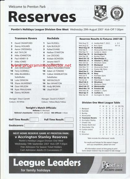Tranmere Rovers Reserves v Rochdale Reserves 22-Aug-2007