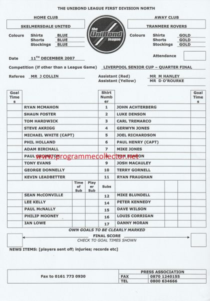 Skelmersdale United v Tranmere Rovers 11-Dec-2008