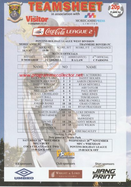 Morecambe Reserves v Tranmere Rovers Reserves 14-Nov-2007