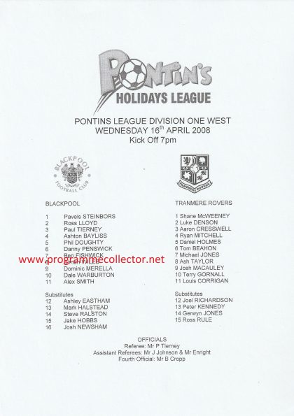 Blackpool Reserves v Tranmere Rovers Reserves 16-Apr-2008