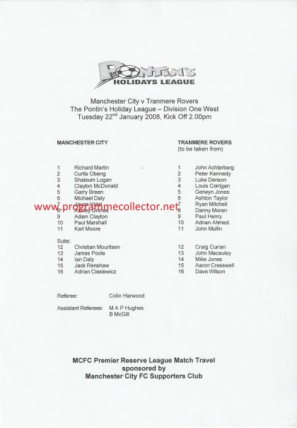 Manchester City Reserves v Tranmere Rovers Reserves 22-Jan-2008