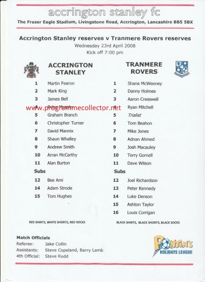 Accrington Stanley Reserves v Tranmere Rovers Reserves 23-Apr-2008