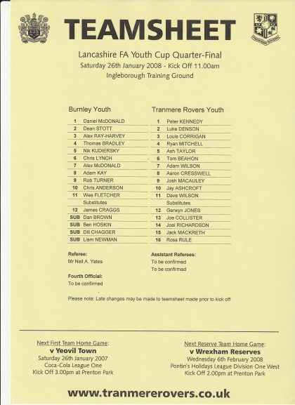 Burnley Youth v Tranmere Rovers Youth 26-Jan-2008