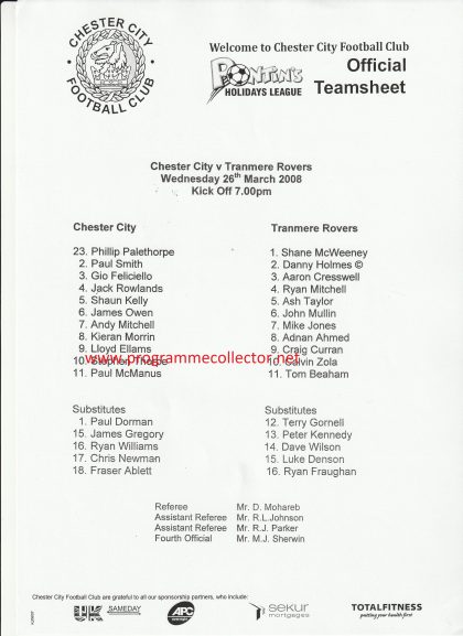 Chester City Reserves v Tranmere Rovers Reserves 26-Mar-2008