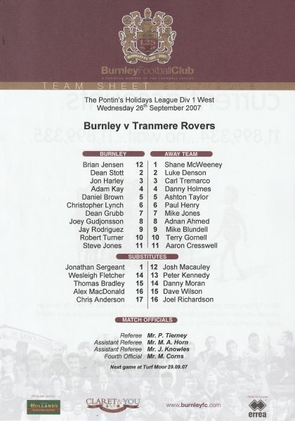 Burnley Reserves v Tranmere Rovers Reserves 26-Sep-2007