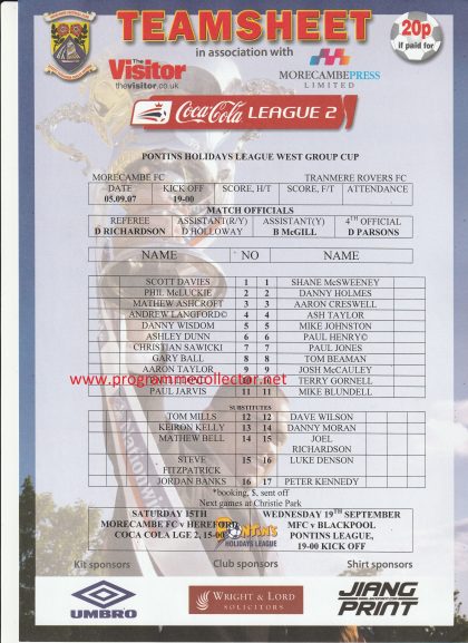Morecambe Reserves v Tranmere Rovers Reserves 05-Sep-2007