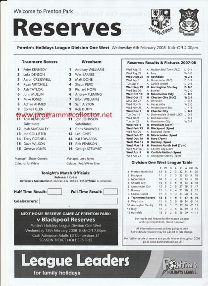 Tranmere Rovers Reserves v Wrexham Reserves 06-Feb-2008