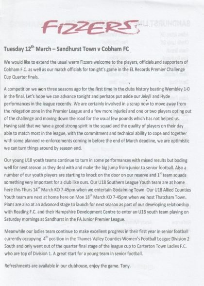 Sandhurst Town v Cobham  12-Mar-??
