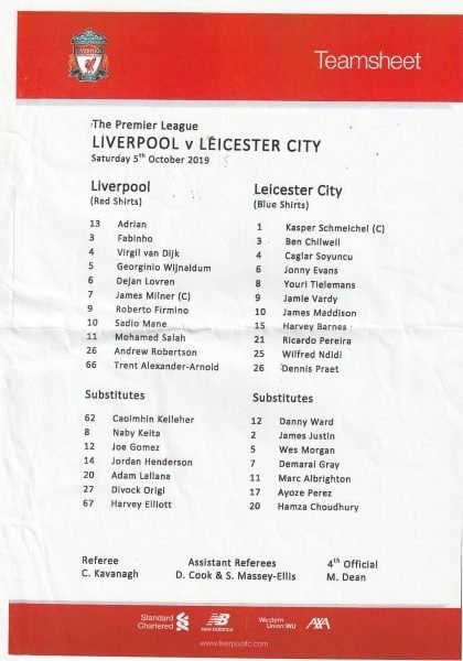 Liverpool v Leicester City 05-Oct-2019